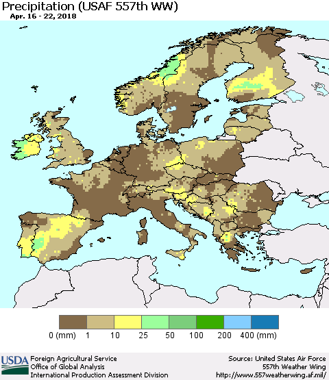 Europe Precipitation (USAF 557th WW) Thematic Map For 4/16/2018 - 4/22/2018