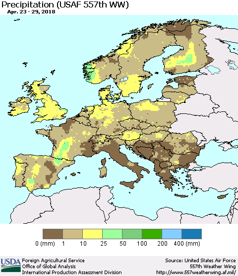Europe Precipitation (USAF 557th WW) Thematic Map For 4/23/2018 - 4/29/2018