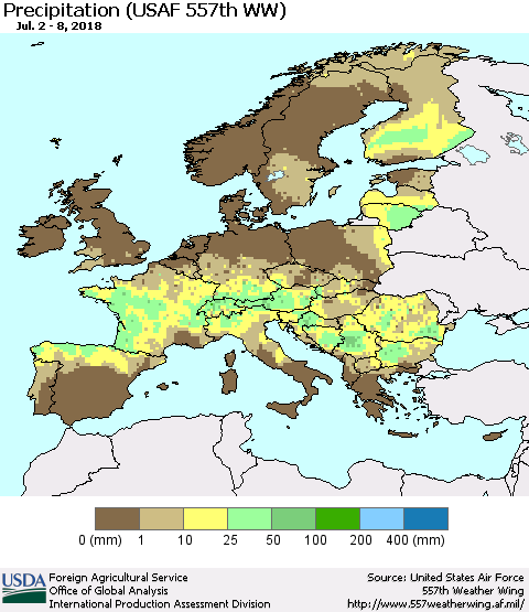 Europe Precipitation (USAF 557th WW) Thematic Map For 7/2/2018 - 7/8/2018