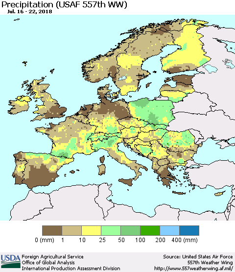 Europe Precipitation (USAF 557th WW) Thematic Map For 7/16/2018 - 7/22/2018