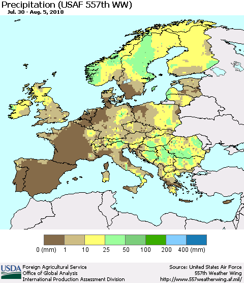 Europe Precipitation (USAF 557th WW) Thematic Map For 7/30/2018 - 8/5/2018