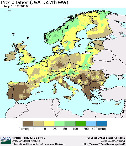 Europe Precipitation (USAF 557th WW) Thematic Map For 8/6/2018 - 8/12/2018