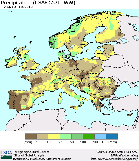 Europe Precipitation (USAF 557th WW) Thematic Map For 8/13/2018 - 8/19/2018