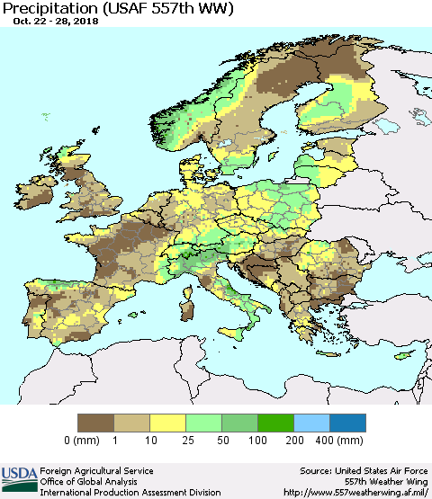 Europe Precipitation (USAF 557th WW) Thematic Map For 10/22/2018 - 10/28/2018
