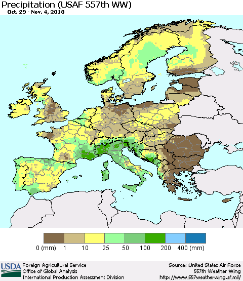 Europe Precipitation (USAF 557th WW) Thematic Map For 10/29/2018 - 11/4/2018