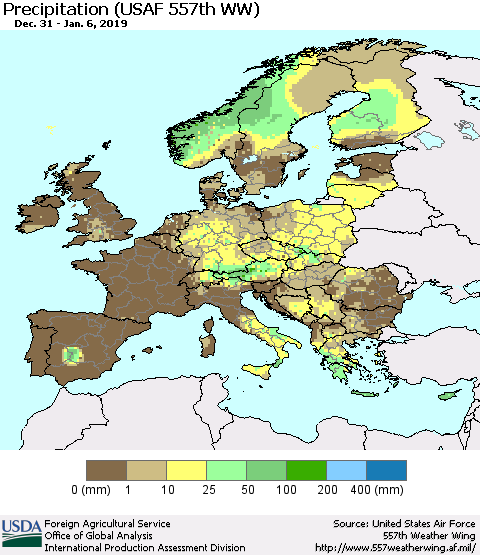 Europe Precipitation (USAF 557th WW) Thematic Map For 12/31/2018 - 1/6/2019