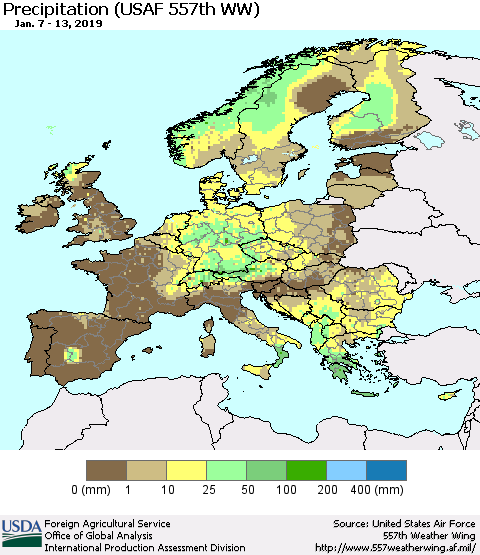 Europe Precipitation (USAF 557th WW) Thematic Map For 1/7/2019 - 1/13/2019