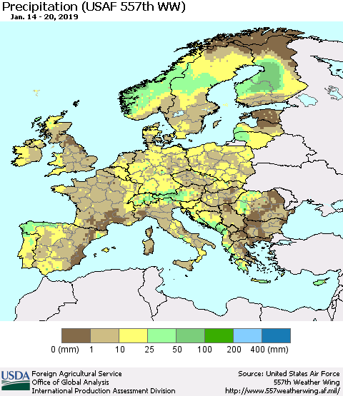 Europe Precipitation (USAF 557th WW) Thematic Map For 1/14/2019 - 1/20/2019
