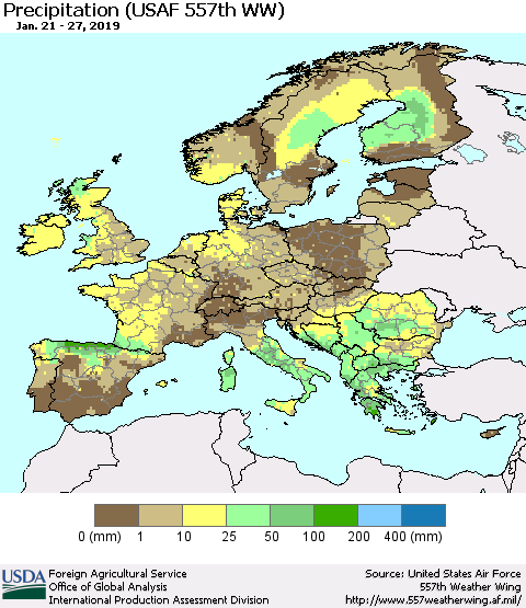 Europe Precipitation (USAF 557th WW) Thematic Map For 1/21/2019 - 1/27/2019