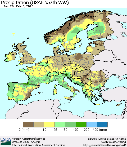 Europe Precipitation (USAF 557th WW) Thematic Map For 1/28/2019 - 2/3/2019