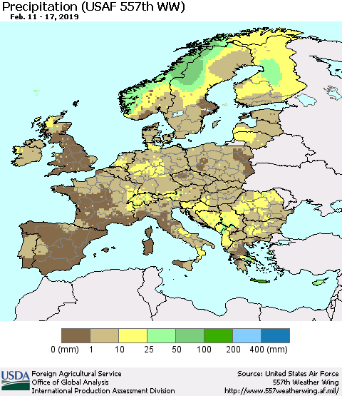Europe Precipitation (USAF 557th WW) Thematic Map For 2/11/2019 - 2/17/2019