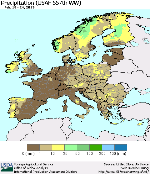 Europe Precipitation (USAF 557th WW) Thematic Map For 2/18/2019 - 2/24/2019
