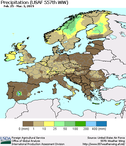 Europe Precipitation (USAF 557th WW) Thematic Map For 2/25/2019 - 3/3/2019