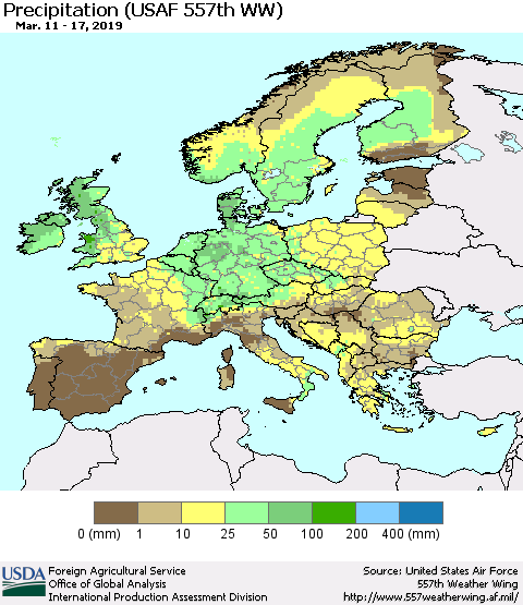 Europe Precipitation (USAF 557th WW) Thematic Map For 3/11/2019 - 3/17/2019
