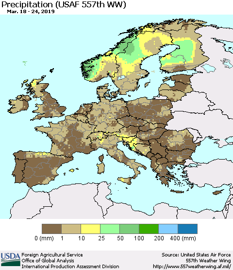 Europe Precipitation (USAF 557th WW) Thematic Map For 3/18/2019 - 3/24/2019