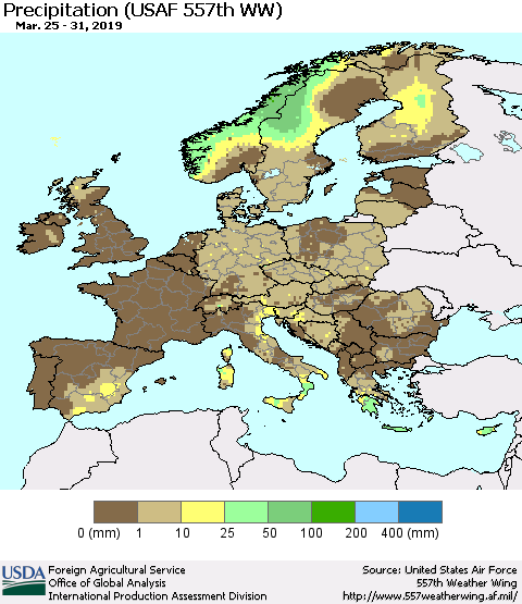 Europe Precipitation (USAF 557th WW) Thematic Map For 3/25/2019 - 3/31/2019