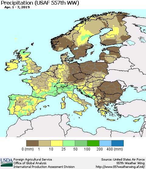 Europe Precipitation (USAF 557th WW) Thematic Map For 4/1/2019 - 4/7/2019