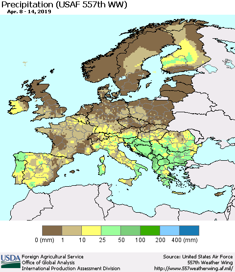 Europe Precipitation (USAF 557th WW) Thematic Map For 4/8/2019 - 4/14/2019
