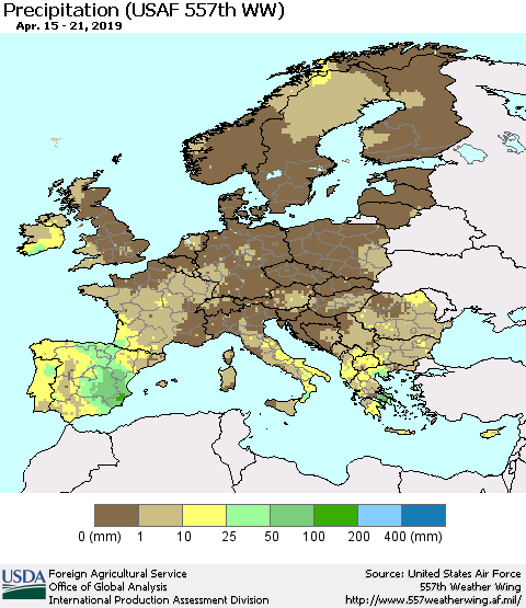 Europe Precipitation (USAF 557th WW) Thematic Map For 4/15/2019 - 4/21/2019