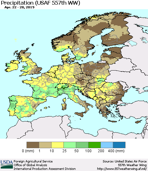 Europe Precipitation (USAF 557th WW) Thematic Map For 4/22/2019 - 4/28/2019
