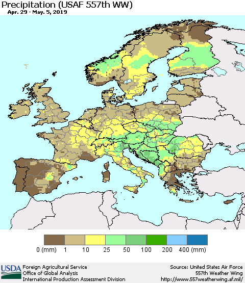 Europe Precipitation (USAF 557th WW) Thematic Map For 4/29/2019 - 5/5/2019