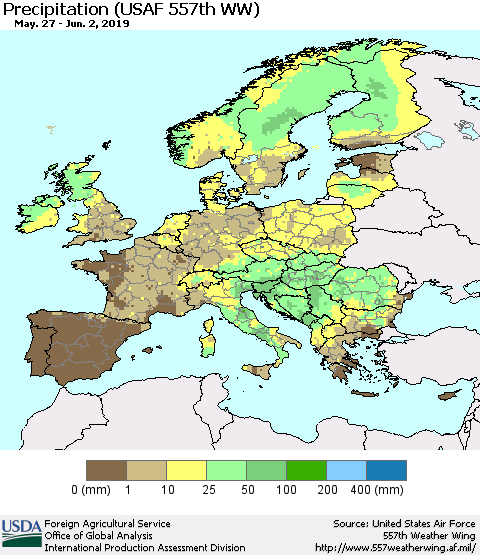 Europe Precipitation (USAF 557th WW) Thematic Map For 5/27/2019 - 6/2/2019