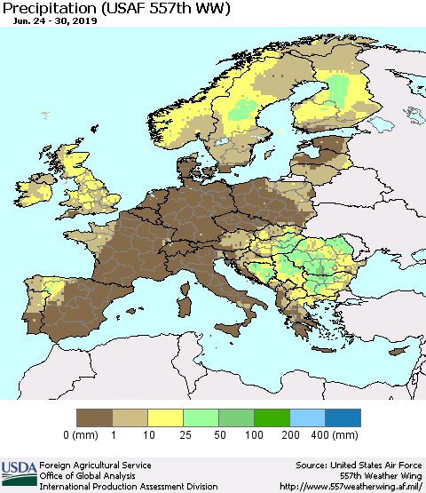 Europe Precipitation (USAF 557th WW) Thematic Map For 6/24/2019 - 6/30/2019
