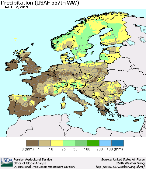 Europe Precipitation (USAF 557th WW) Thematic Map For 7/1/2019 - 7/7/2019