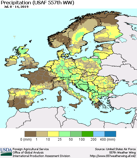 Europe Precipitation (USAF 557th WW) Thematic Map For 7/8/2019 - 7/14/2019