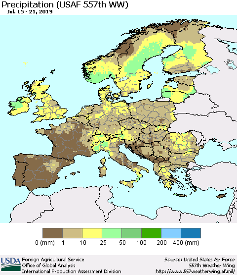 Europe Precipitation (USAF 557th WW) Thematic Map For 7/15/2019 - 7/21/2019