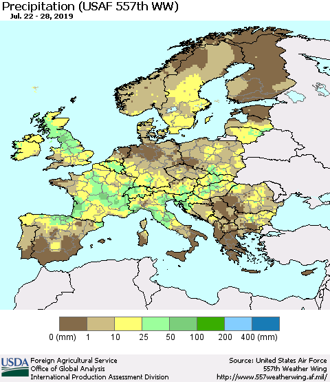 Europe Precipitation (USAF 557th WW) Thematic Map For 7/22/2019 - 7/28/2019