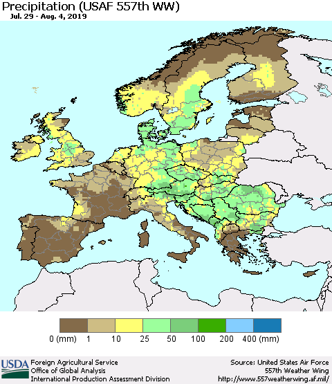 Europe Precipitation (USAF 557th WW) Thematic Map For 7/29/2019 - 8/4/2019