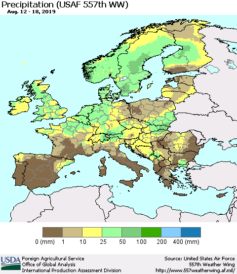 Europe Precipitation (USAF 557th WW) Thematic Map For 8/12/2019 - 8/18/2019