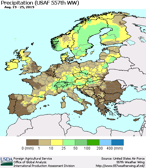Europe Precipitation (USAF 557th WW) Thematic Map For 8/19/2019 - 8/25/2019