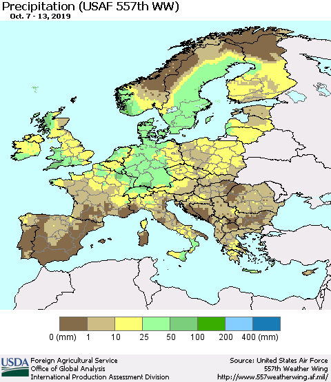 Europe Precipitation (USAF 557th WW) Thematic Map For 10/7/2019 - 10/13/2019