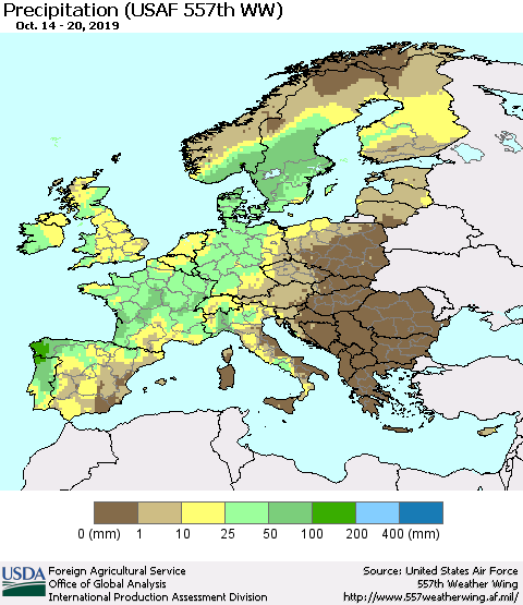 Europe Precipitation (USAF 557th WW) Thematic Map For 10/14/2019 - 10/20/2019