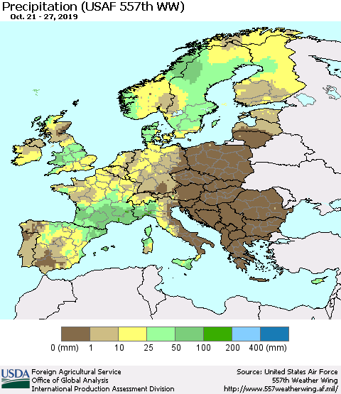 Europe Precipitation (USAF 557th WW) Thematic Map For 10/21/2019 - 10/27/2019