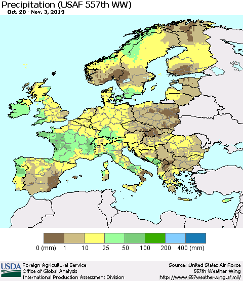 Europe Precipitation (USAF 557th WW) Thematic Map For 10/28/2019 - 11/3/2019