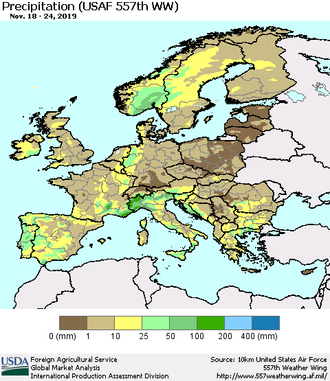 Europe Precipitation (USAF 557th WW) Thematic Map For 11/18/2019 - 11/24/2019