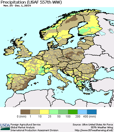 Europe Precipitation (USAF 557th WW) Thematic Map For 11/25/2019 - 12/1/2019