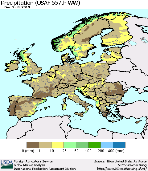 Europe Precipitation (USAF 557th WW) Thematic Map For 12/2/2019 - 12/8/2019