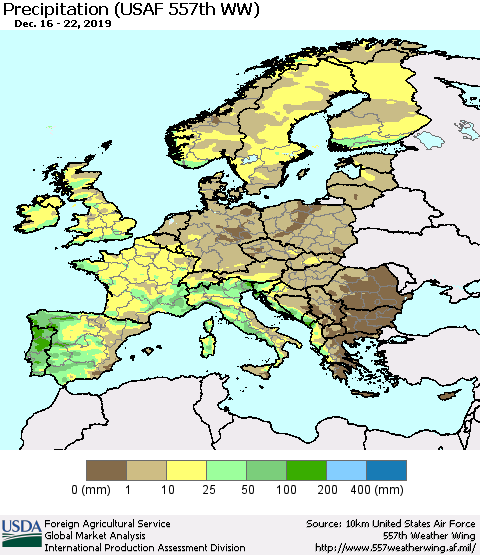 Europe Precipitation (USAF 557th WW) Thematic Map For 12/16/2019 - 12/22/2019