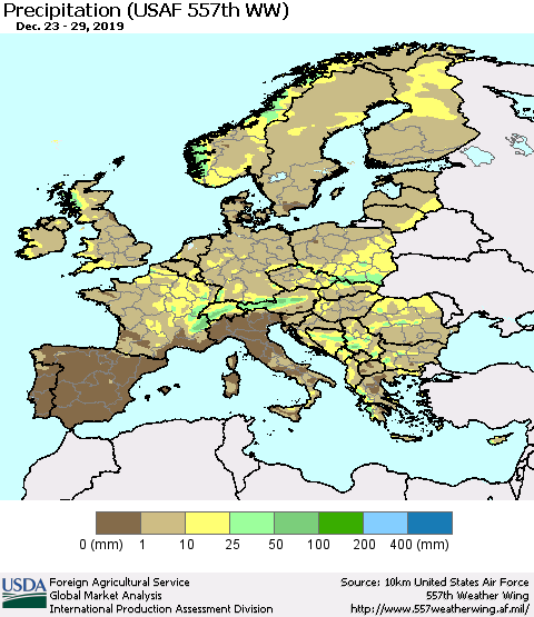 Europe Precipitation (USAF 557th WW) Thematic Map For 12/23/2019 - 12/29/2019