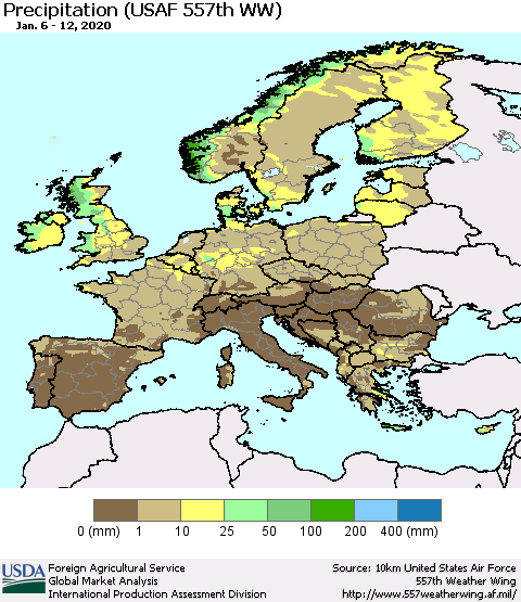 Europe Precipitation (USAF 557th WW) Thematic Map For 1/6/2020 - 1/12/2020