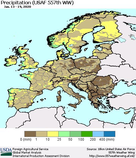 Europe Precipitation (USAF 557th WW) Thematic Map For 1/13/2020 - 1/19/2020