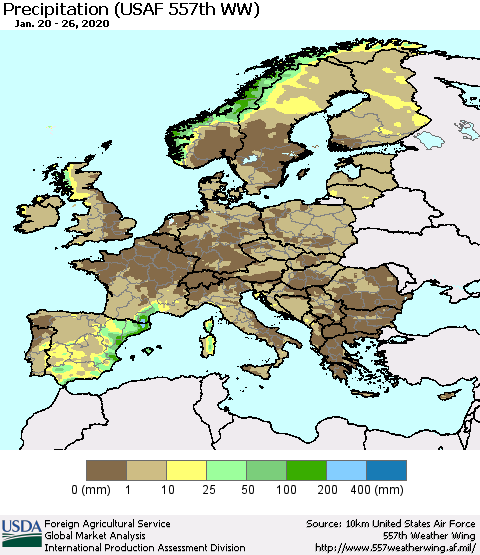 Europe Precipitation (USAF 557th WW) Thematic Map For 1/20/2020 - 1/26/2020