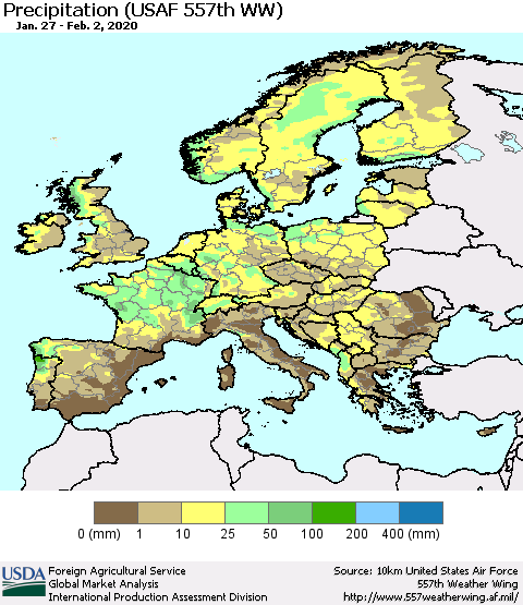 Europe Precipitation (USAF 557th WW) Thematic Map For 1/27/2020 - 2/2/2020