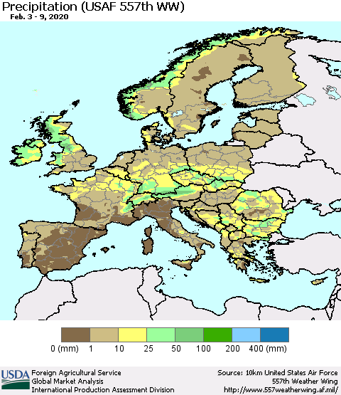 Europe Precipitation (USAF 557th WW) Thematic Map For 2/3/2020 - 2/9/2020