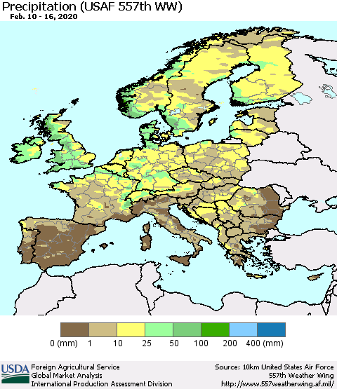 Europe Precipitation (USAF 557th WW) Thematic Map For 2/10/2020 - 2/16/2020