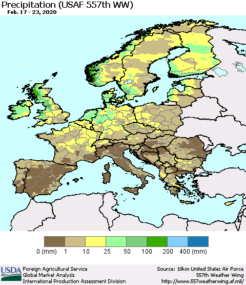 Europe Precipitation (USAF 557th WW) Thematic Map For 2/17/2020 - 2/23/2020